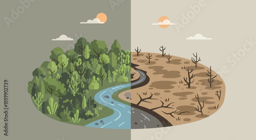 Environmental contrast lush forest versus arid desert landscape