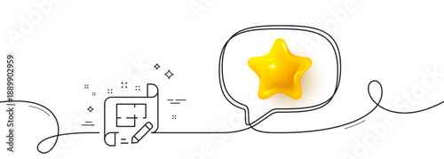 Architect line icon. Continuous line with 3d star. Engineering plan sign. Edit project document. 3d star in speech bubble. Architect plan single line ribbon. Loop curve pattern. Vector