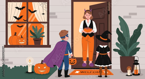 Trick-or-treaters in costumes receiving candy from a woman at a decorated front door on Halloween