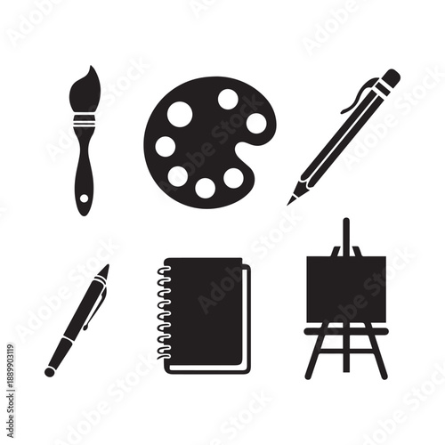 Art Supplies and Fine Art Creative Tools Silhouette Vector Collection for Graphic Design.