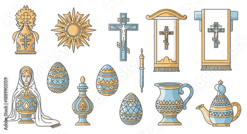 Collection of religious and with blue and gold colors religious blue and gold cross