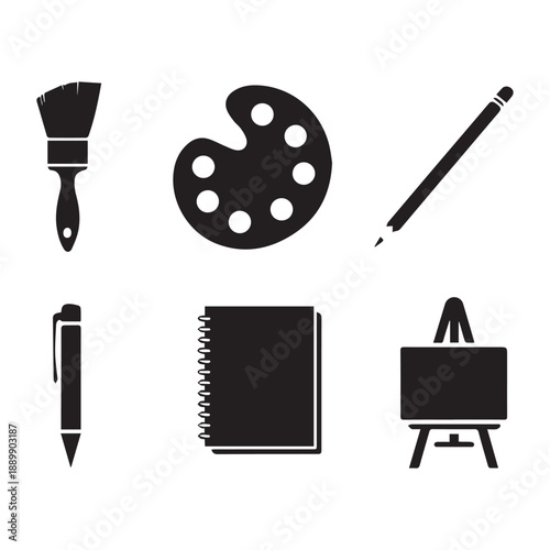 Art Supplies and Fine Art Creative Tools Silhouette Vector Collection for Graphic Design.