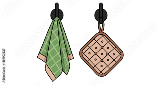 A green towel and a beige oven mitt hanging from hooks, a common kitchen scene viewed from the front.