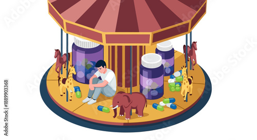 Man working on wooden carousel with tools and horses in a vibrant fairground scene