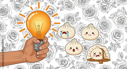 A hand holding a glowing lightbulb surrounded by anthropomorphic dumplings with various expressions on a floral background