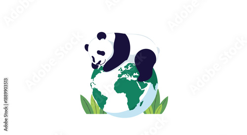 Conceptual environmental illustration features a giant panda bear resting peacefully on top of the green and blue Earth globe.