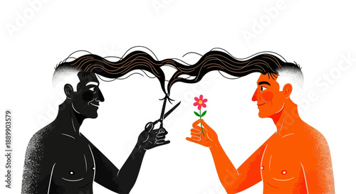 Man cutting another man's long hair with scissors while he holds a flower in his hand
