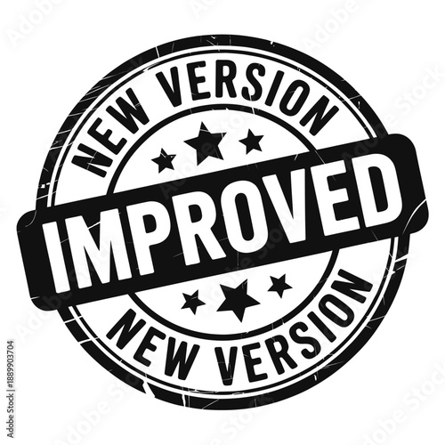 Black and white circular stamp proclaiming a new and improved version
