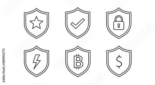 Set of financial protection icons, security shields with star, checkmark, padlock, lightning bolt,