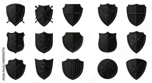 Collection of stylized black shields emblems for medieval fantasy design and heraldic symbols