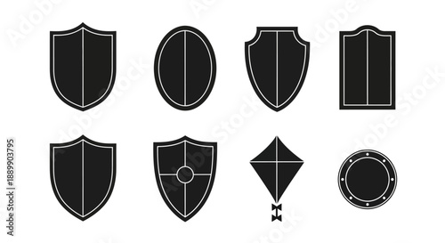 Collection of vector shield emblems in varying styles, suitable for logo design or security