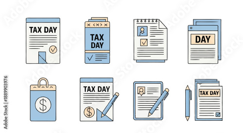 Eight blue and white tax day document with pencils and dollar bag documents