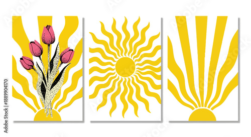 Triptych artwork featuring stylized sun, flowers, and geometric patterns in yellow tone