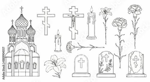 Black and white of church, crosses, candles, flowers, and gravestones