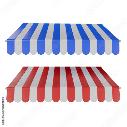 3D render striped awnings in red and blue. Shop canopy sunshades for store fronts, cafes, and market stalls