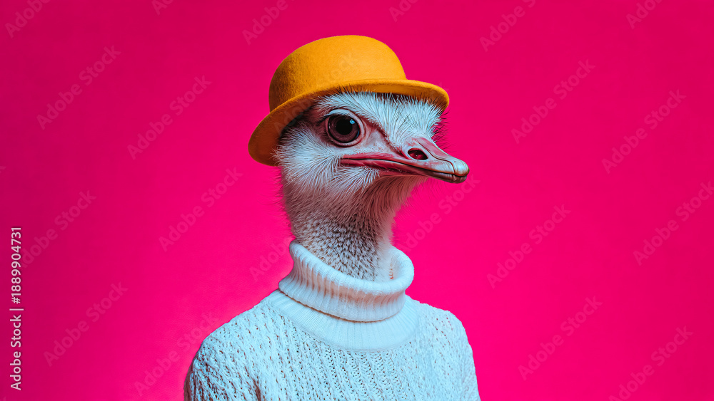 Fototapeta premium Portrait d'une autruche portant un chapeau melon jaune et un pull blanc a col roulé
