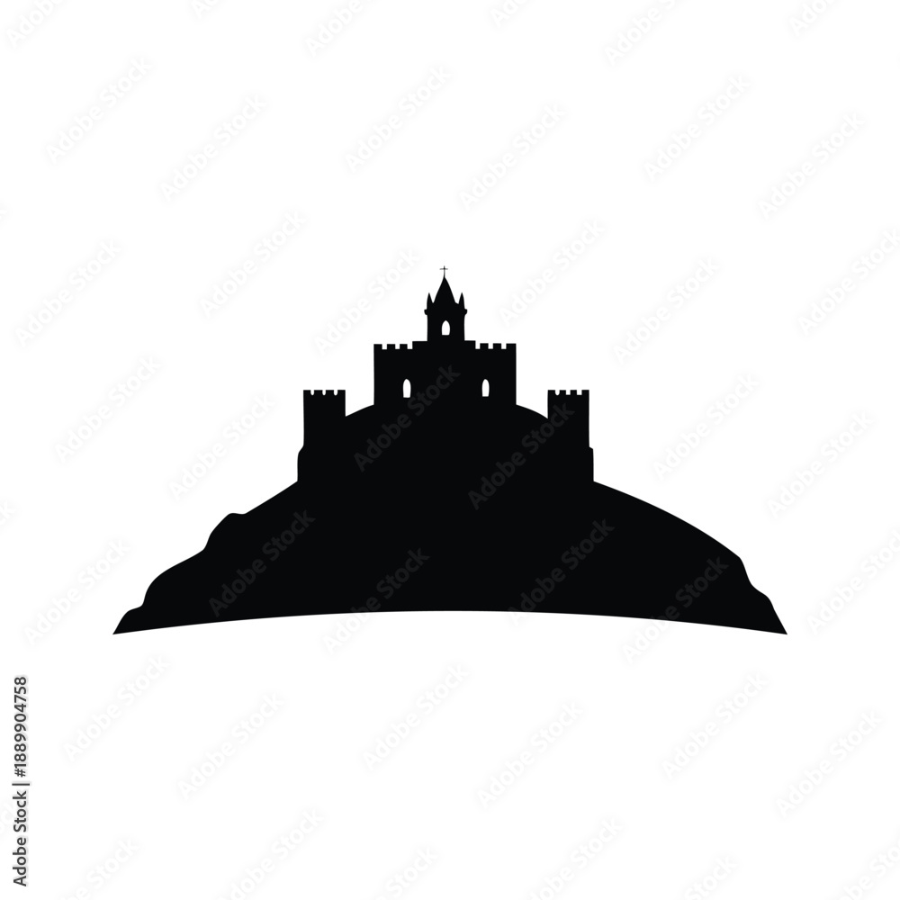 Obraz premium Majestic castle silhouette on hill vector illustration, Black and white silhouette of a castle on a hill, depicted in a vector illustration style