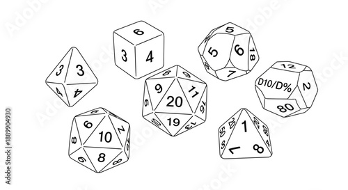 Set of polyhedral dice for gaming and strategy, scattered on a plain surface, detailed illustration
