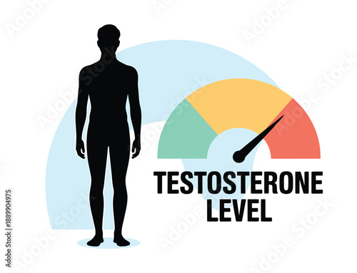 Illustration depicting a man alongside a testosterone level gauge showing a low reading