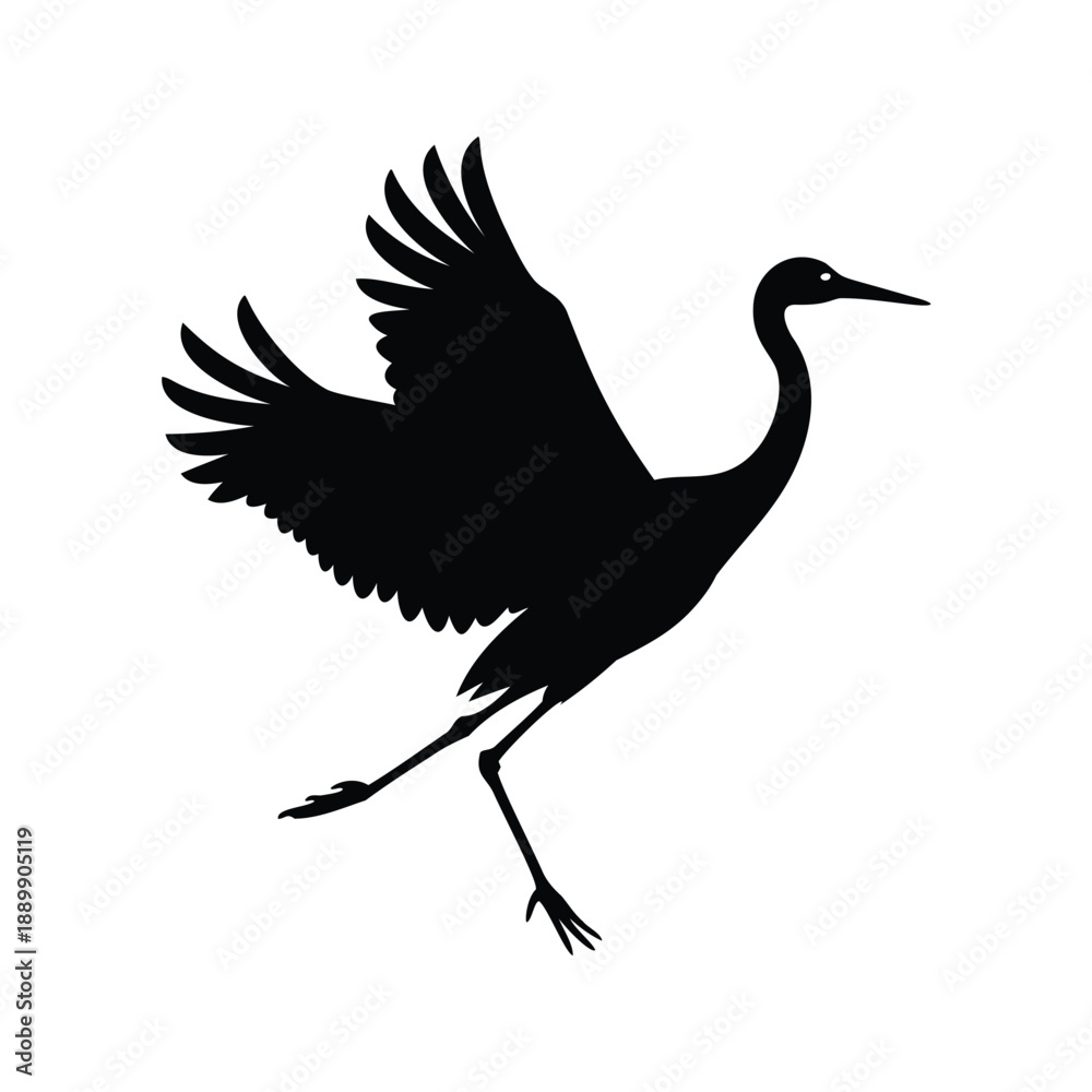 Fototapeta premium Dynamic flying crane silhouette vector illustration, A detailed black and white vector illustration of a flying crane silhouette