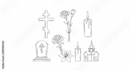 Black and white of religious symbols and flowers cross grave marker church