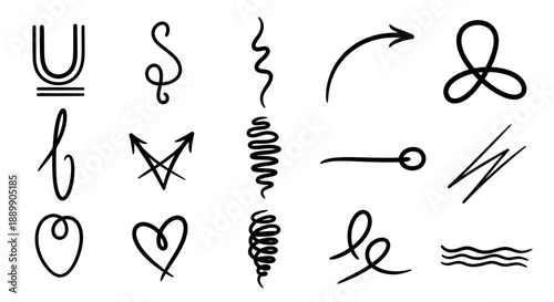 Collection of black line art symbols and abstract shapes on white background, various doodles and icons, digital illustration