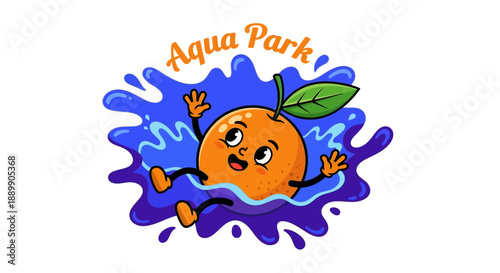 A cartoon orange character enjoying a fun-filled day at Aqua Park with water splashes