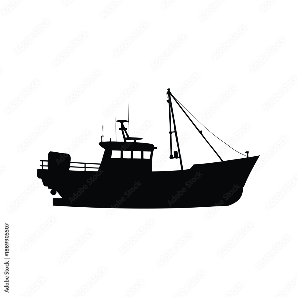 Obraz premium Fishing boat silhouette vector illustration design, A black and white silhouette of a fishing boat with detailed design elements
