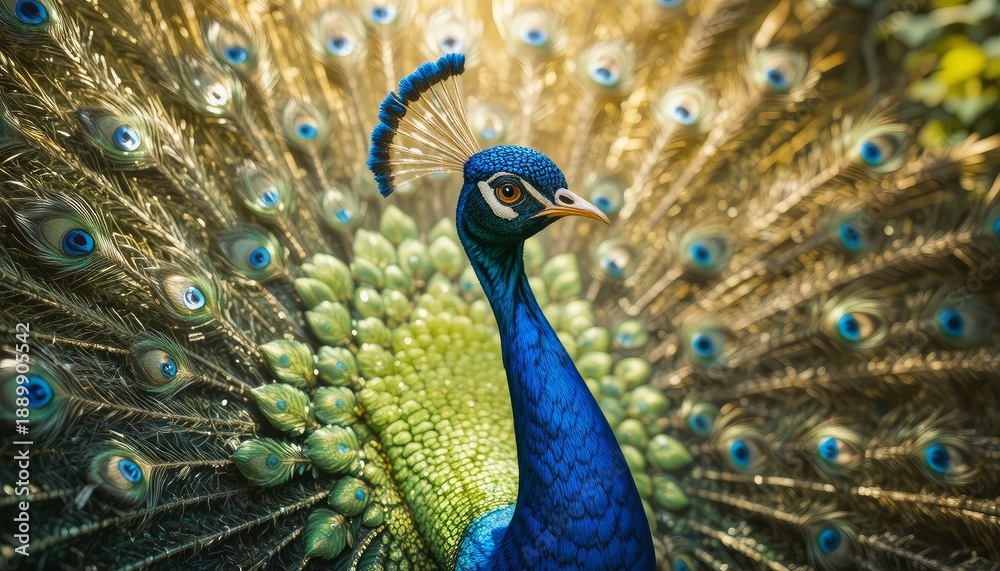 Obraz premium A vibrant peacock displaying its colorful feathers and stunning plumage in full spread