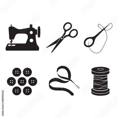  Sewing Tailoring and Crafting Silhouette Vector Set With Sewing Machine And Tools. 