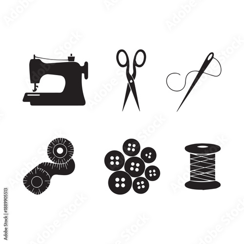  Sewing Tailoring and Crafting Silhouette Vector Set With Sewing Machine And Tools. 