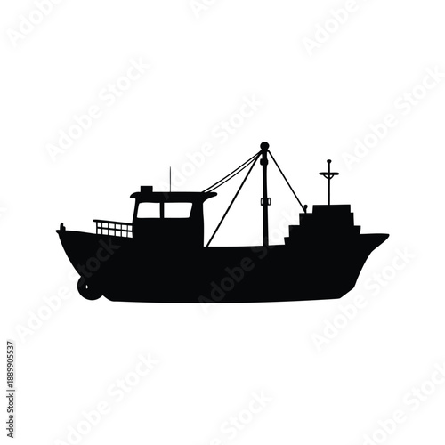 A detailed silhouette of a cargo ship vector illustration, This image features a black and white silhouette of a cargo ship with detailed structures and equipment