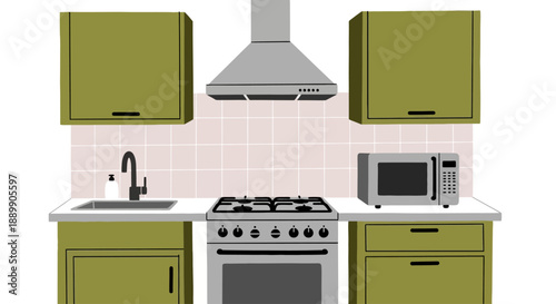 Modern kitchen interior with olive green cabinets, white countertops, and stainless steel appliances viewed from the front