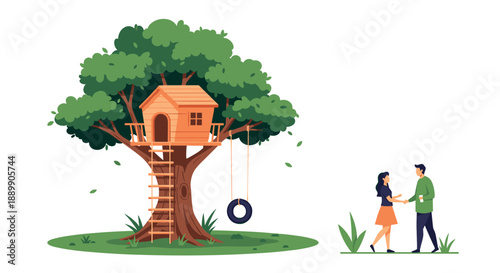 Charming treehouse built into a large green tree with a ladder and tire swing as a couple meets on the grass in a simple flat illustration.