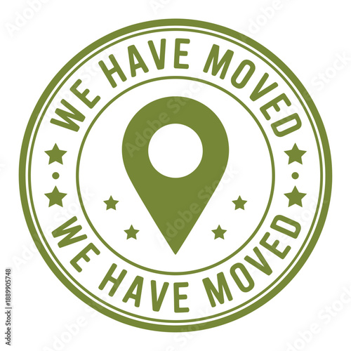 A circular seal announces a relocation with a location pin graphic