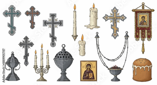 Collection of religious and candles in traditional style religious candles crosses