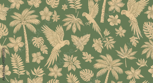 Tropical birds and lush foliage pattern illustration featuring exotic plants and wildlife in a seamless design