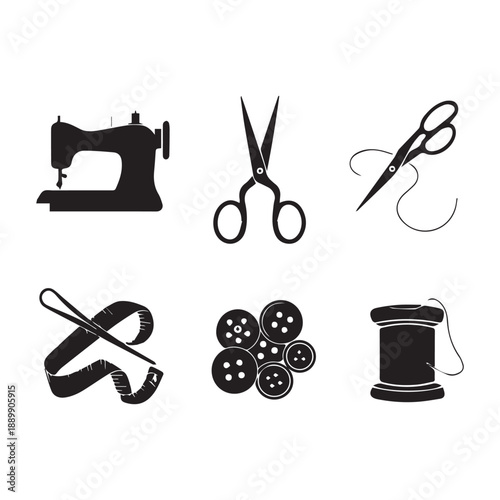  Sewing Tailoring and Crafting Silhouette Vector Set With Sewing Machine And Tools. 