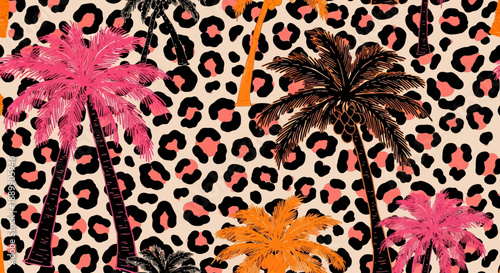 Vibrant palm trees with colorful leaves on a leopard print background, viewed from directly above, in a lively digital illustration