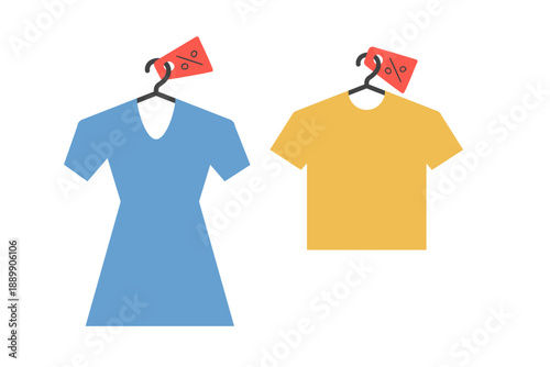 Clothing on clothing rack, discount flat dress and T-shirt sundress clothing clothes. Fashion retail offer, wear on hanging. Supermarket markdown, thrifty purchase in store. Isolated. Vector