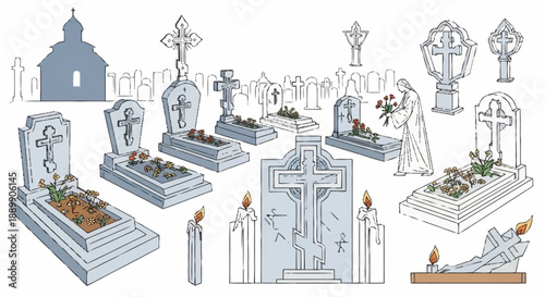 Graveyard with tombstones crosses and a woman holding flowers in a cemetery