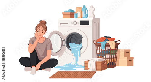 Woman sitting on floor beside malfunctioning washing machine overflowing with water and surrounded by laundry and boxes in a cluttered indoor setting