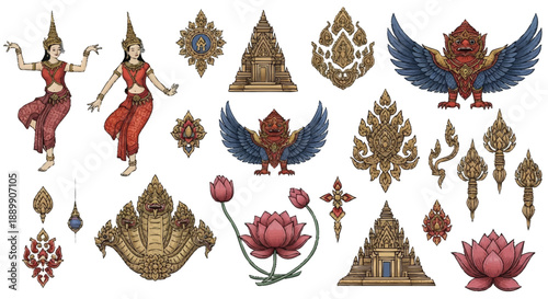 Traditional Thai Mythological Figures and Symbols with Dancers and Lotus Flowers