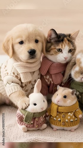 Cute animals wearing sweaters cozy scene, cute animals wearing sweaters in warm indoor setting, cute animals wearing sweaters with soft neutral background, animals wearing sweaters cozy pets lifestyle