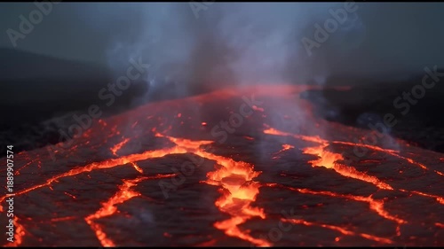 A close-up view of a glowing river of molten lava flowing across dark terrain at night, with cracks exposing bright magma and steam rising from the surface.