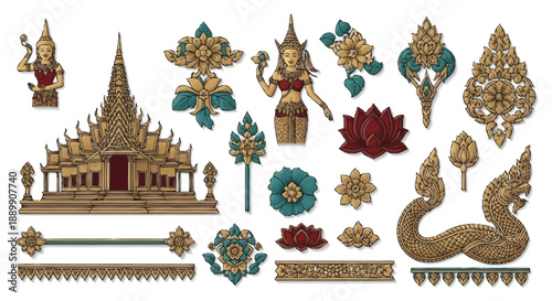 Traditional Thai Temple with Figures and Floral Motifs in Gold and Red