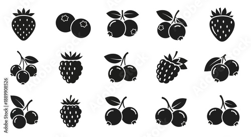 Variety of monochrome berry icons depicting nature's sweet rewards for summer baking