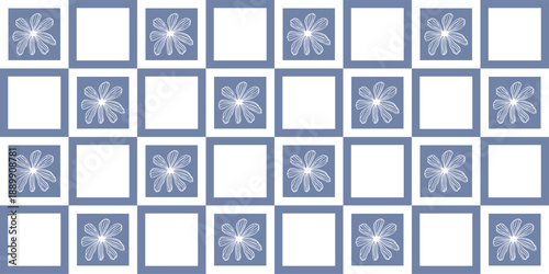 Daisy flower vector seamless surface pattern design. Blue Gingham style geometric background of floral elements. Hand drawn print of sketch chamomile plant for fabric, home decor, linen