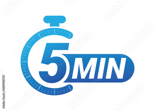 Five minutes countdown timer with stopwatch symbol on white background. Clean modern vector logo illustration for productivity and time management.