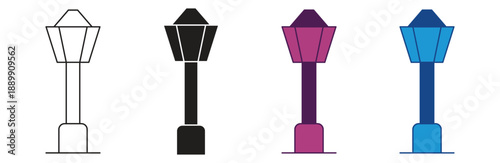 Street and Road Light Pole Icons. Public Illumination and Safety Lighting Symbols. Vector Illustration.